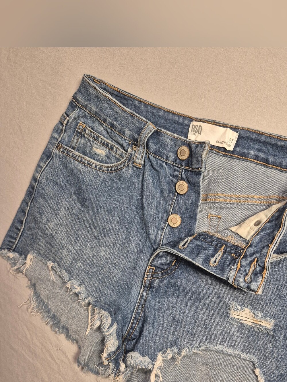 RSQ Muse Denim Shorts 27 Distressed Frayed Hem Button Fly Y2K Cutoff